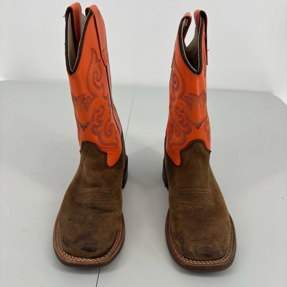 Old West Cowboy Boots Youth Size 13.5 Brown Orange Western Square Toe Kids Rodeo